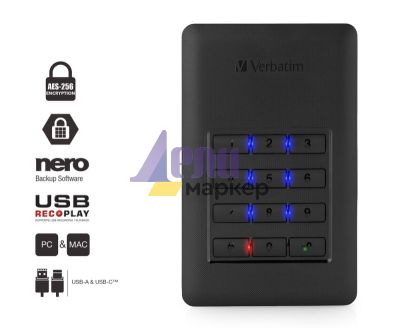 Твърд диск Verbatim STORE 'N' GO Secure HDD with keypad, USB 3.1 Gen 1 1TB black, 256-bit AES encryption