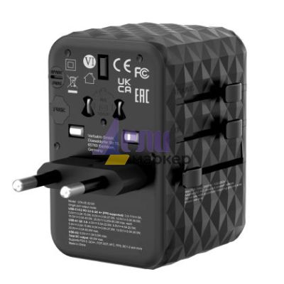 Адаптер Verbatim UTA-05 GaN III Universal Travel Adapter with 2 x USB-C PD 65W & QC 4+ / 2 x USB-A