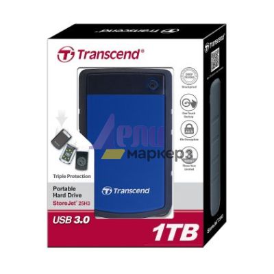 Твърд диск Transcend 1TB, 2.5" Portable HDD, StoreJet H3, Blue, Anti-shock