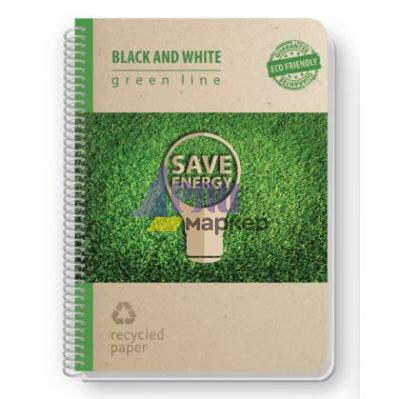 Тетрадка Black&White Eco Green Line Mix Картонени корици, спирала, рециклирана хартия, А4 80 л. с редове