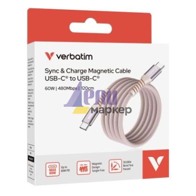 Кабел Verbatim Sync & Charge USB-C to USB-C 60W Magnetic 120 cm - Pink