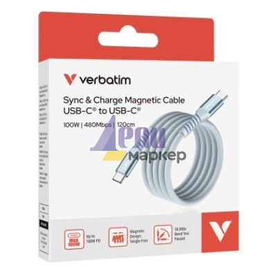 Кабел Verbatim Sync & Charge USB-C to USB-C 100W Magnetic 120 cm - Blue