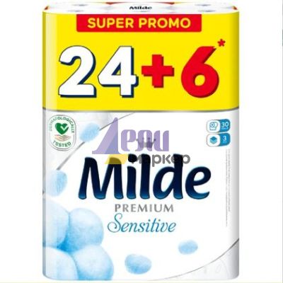 Тоалетна хартия Milde 100% целулоза, трипластова 24+6 бр. Sensitive