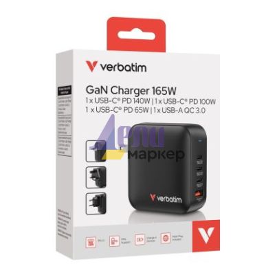 Зарядно устройство Verbatim Mini GaN Charger 165W 4 Port US plug with EU and UK adaptors