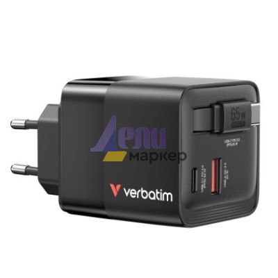Зарядно устройство Verbatim Mini GaN Charger 65W 2 Port retractable cable display US plugs with EU and UK adaptors