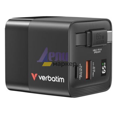 Зарядно устройство Verbatim Mini GaN Charger 65W 2 Port retractable cable display US plugs with EU and UK adaptors