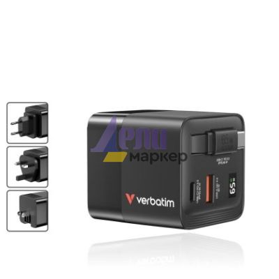 Зарядно устройство Verbatim Mini GaN Charger 65W 2 Port retractable cable display US plugs with EU and UK adaptors