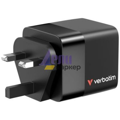 Зарядно устройство Verbatim Mini GaN Charger 65W 2 Port retractable cable display US plugs with EU and UK adaptors