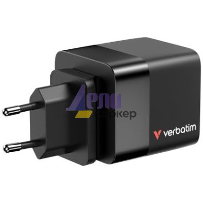 Зарядно устройство Verbatim Mini GaN Charger 65W 2 Port retractable cable display US plugs with EU and UK adaptors