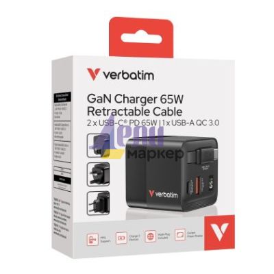Зарядно устройство Verbatim Mini GaN Charger 65W 2 Port retractable cable display US plugs with EU and UK adaptors