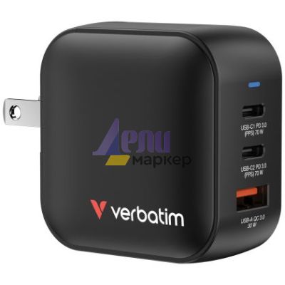 Зарядно устройство Verbatim Mini GaN Charger 70W 3 Port US plug with EU and UK adaptors