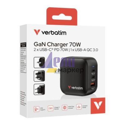 Зарядно устройство Verbatim Mini GaN Charger 70W 3 Port US plug with EU and UK adaptors