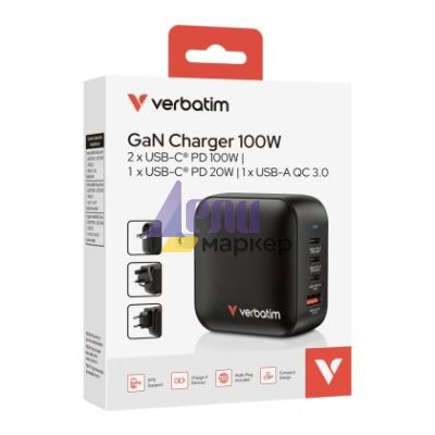 Зарядно устройство Verbatim Mini GaN Charger 100W 4 Port US plug with EU and UK adaptors