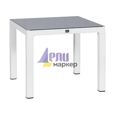 Градинска маса от изкуствен ратан със стъклен плот BEGONVIL 90 - бяла