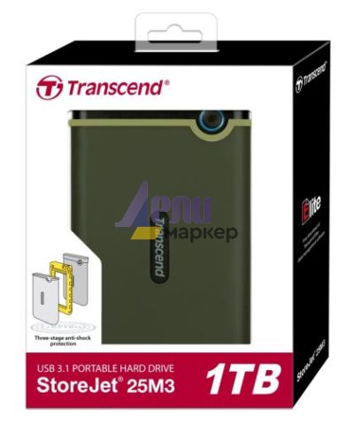 Твърд диск Transcend 1TB, 2.5" Portable HDD, StoreJet M3, Military Green, Slim