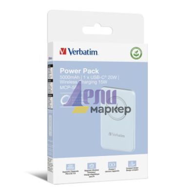 Външна батерия Verbatim MCP-5BE Power Pack 5000 mAh with UBS-C PD 20W / Magnetic Wireless Charging 15W Blue