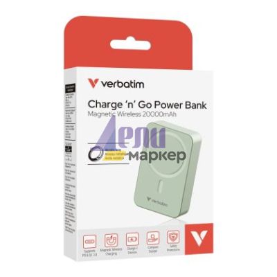 Външна батерия Verbatim Charge 'n' Go Essentials Power Bank Magnetic Wireless 20000mAh Green