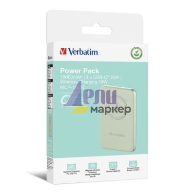 Външна батерия Verbatim MCP-10GN Power Pack 10000 mAh with UBS-C PD 20W / Magnetic Wireless Charging 15W Green