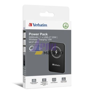 Външна батерия Verbatim MCP-5BK Power Pack 5000 mAh with UBS-C PD 20W / Magnetic Wireless Charging 15W Black