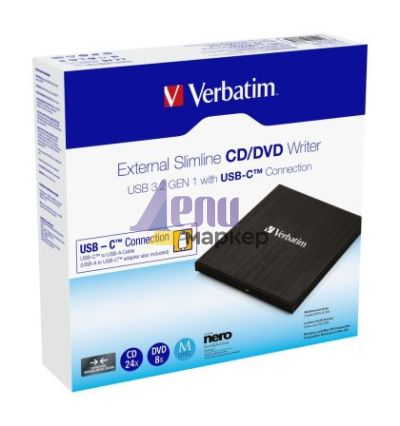 Оптично устройство Verbatim External Slimline CD/DVD Writer USB 3.2 Gen 1/USB-C